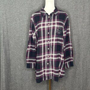 Soft Surroundings Flannel Black Pink Striped Cotton Button Up Womens Size XL